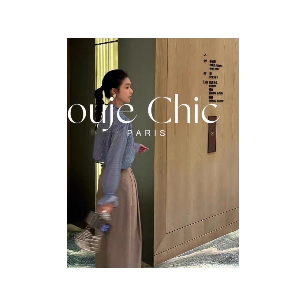 French Rouje Chic Spring Style Blue V neck Polka Dot Shirt for Women French Loose Fit Casual and Versatile Top image 2