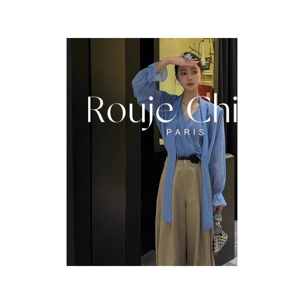 French Rouje Chic Spring Style Blue V neck Polka Dot Shirt for Women French Loose Fit Casual and Versatile Top image 3