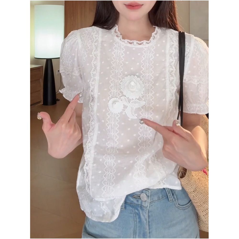 French style lace trim with 3D floral short sleeved shirt for women new summer 2026 style sweet and youthful puff sleeve top image 0