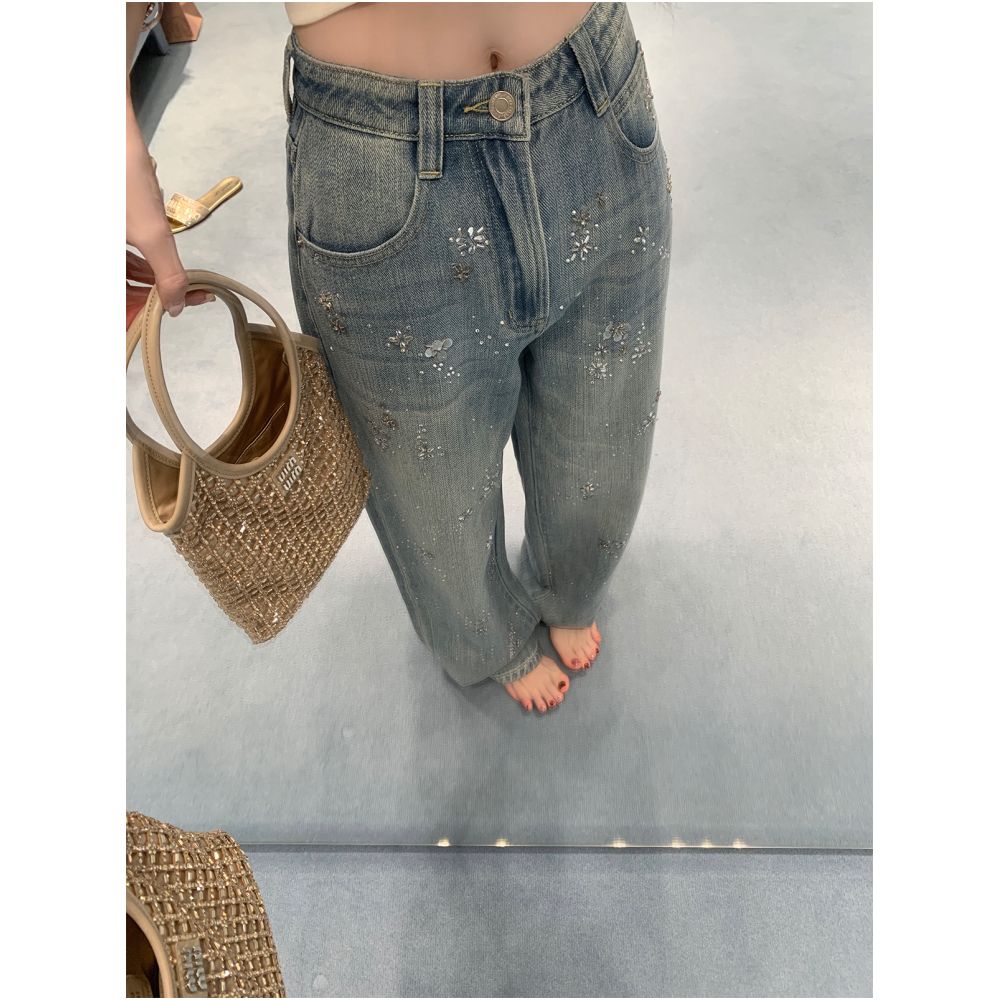 Your Lazy Llan Paris Sparkling Pants Heavy duty Custom Gold Foil Rhinestone Washed Flow Jeans for Women image 0