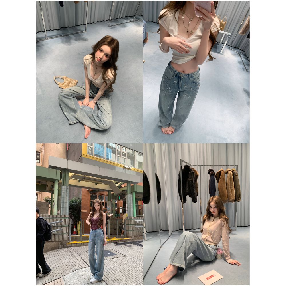 Your Lazy Llan Paris Sparkling Pants Heavy duty Custom Gold Foil Rhinestone Washed Flow Jeans for Women image 3