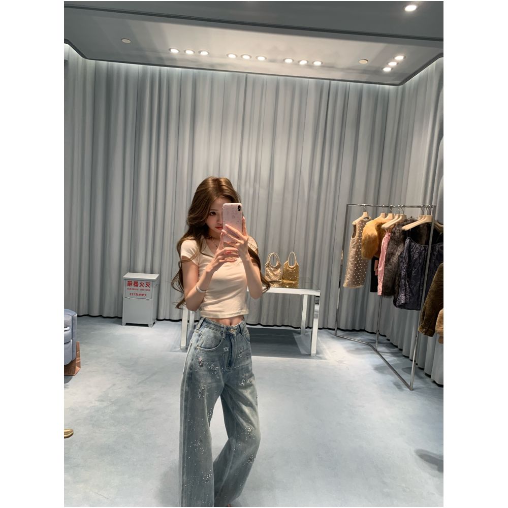Your Lazy Llan Paris Sparkling Pants Heavy duty Custom Gold Foil Rhinestone Washed Flow Jeans for Women image 4