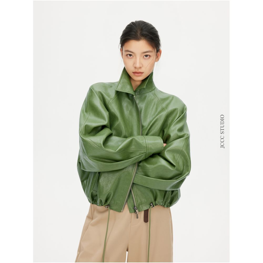 JCCC Shadow Negotiator Minimalist Green Short Leather Jacket Slimming and Versatile for Commuting image 2