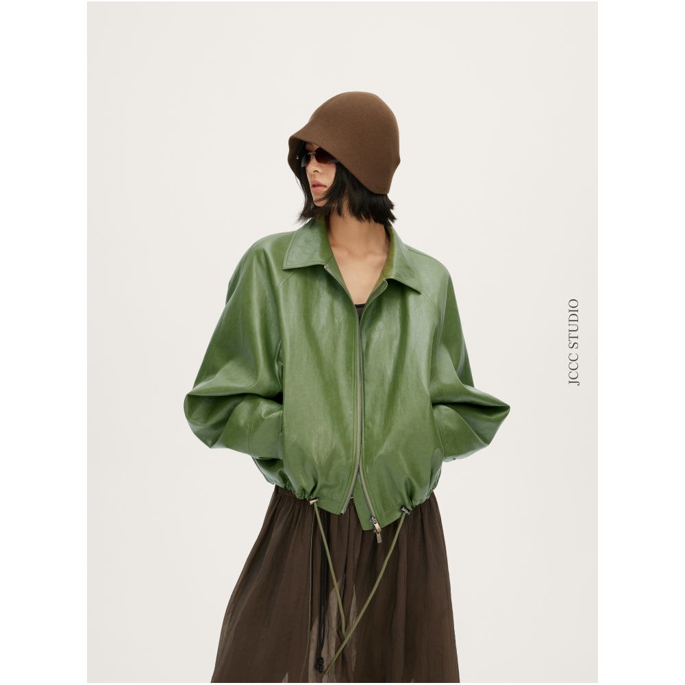 JCCC Shadow Negotiator Minimalist Green Short Leather Jacket Slimming and Versatile for Commuting image 4