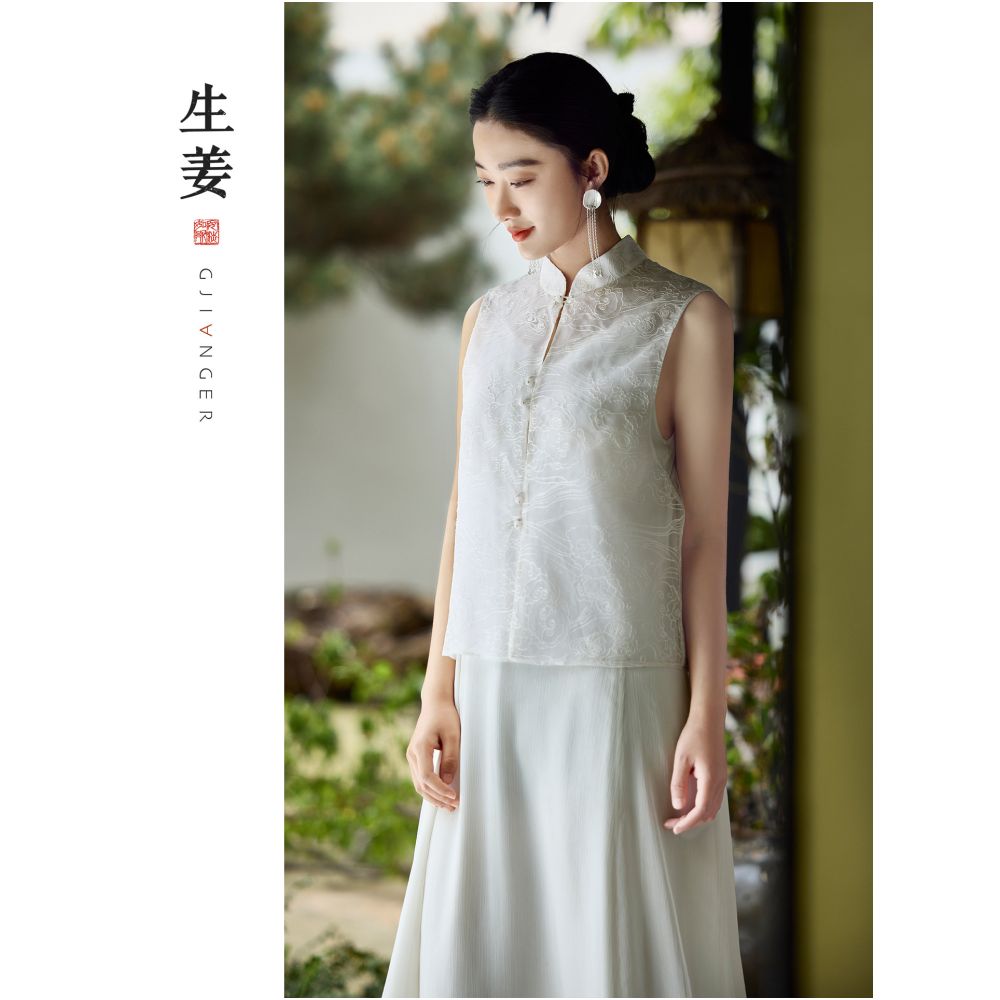 Ginger Yun Kou New Chinese Style Original 2026 Summer New Arrival Auspicious Cloud Embroidered Mulberry Silk Chinese Style Vest 31532403A image 3