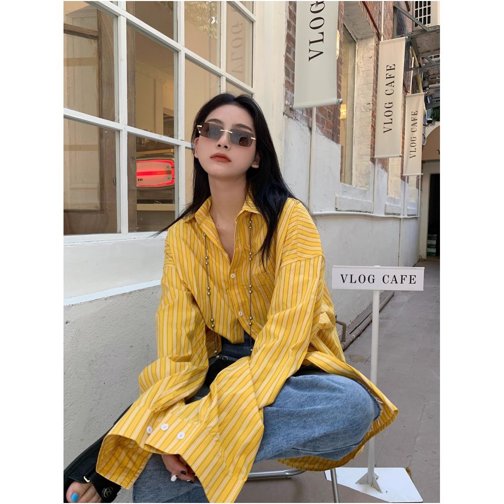 Rouje Damas French style niche design pale yellow striped long sleeved shirt loose fit versatile suitable for commuting image 1