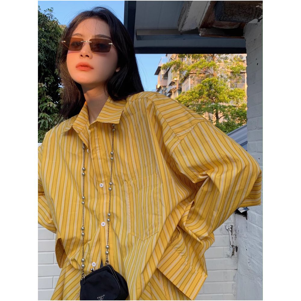 Rouje Damas French style niche design pale yellow striped long sleeved shirt loose fit versatile suitable for commuting image 2