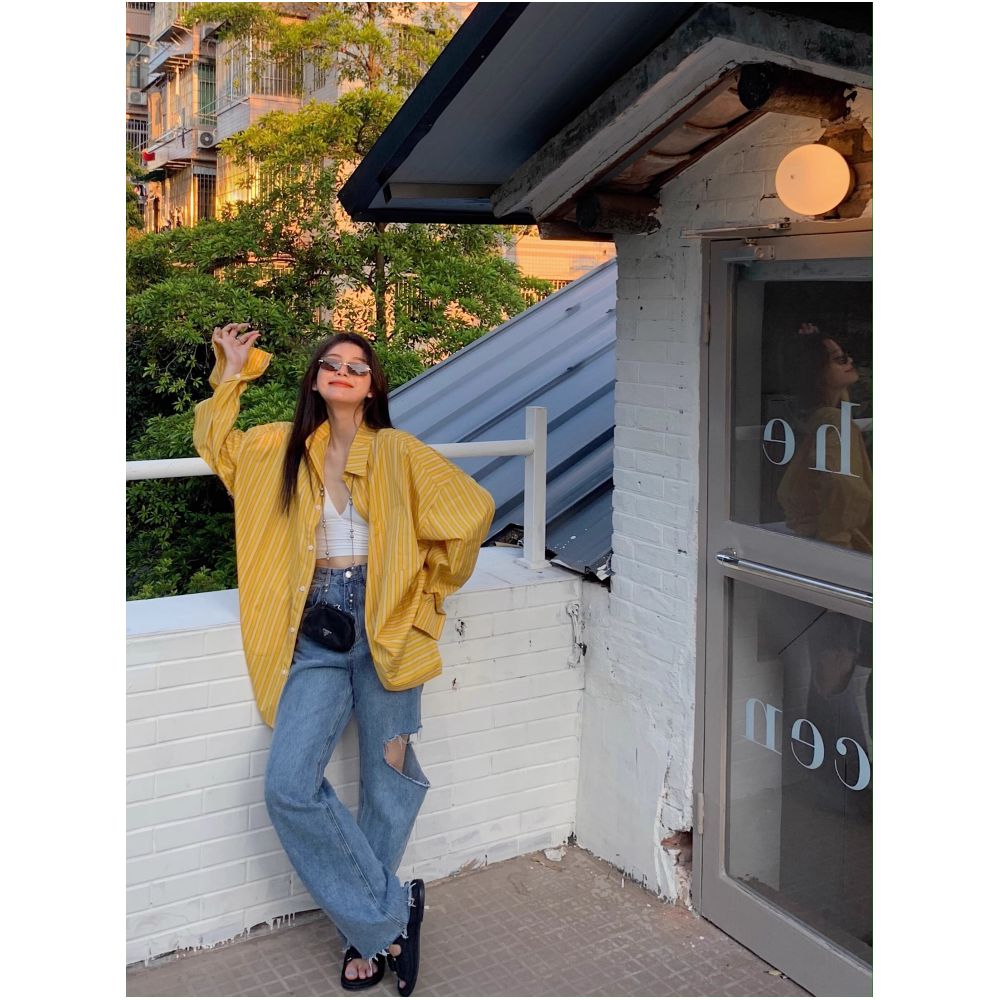 Rouje Damas French style niche design pale yellow striped long sleeved shirt loose fit versatile suitable for commuting image 3