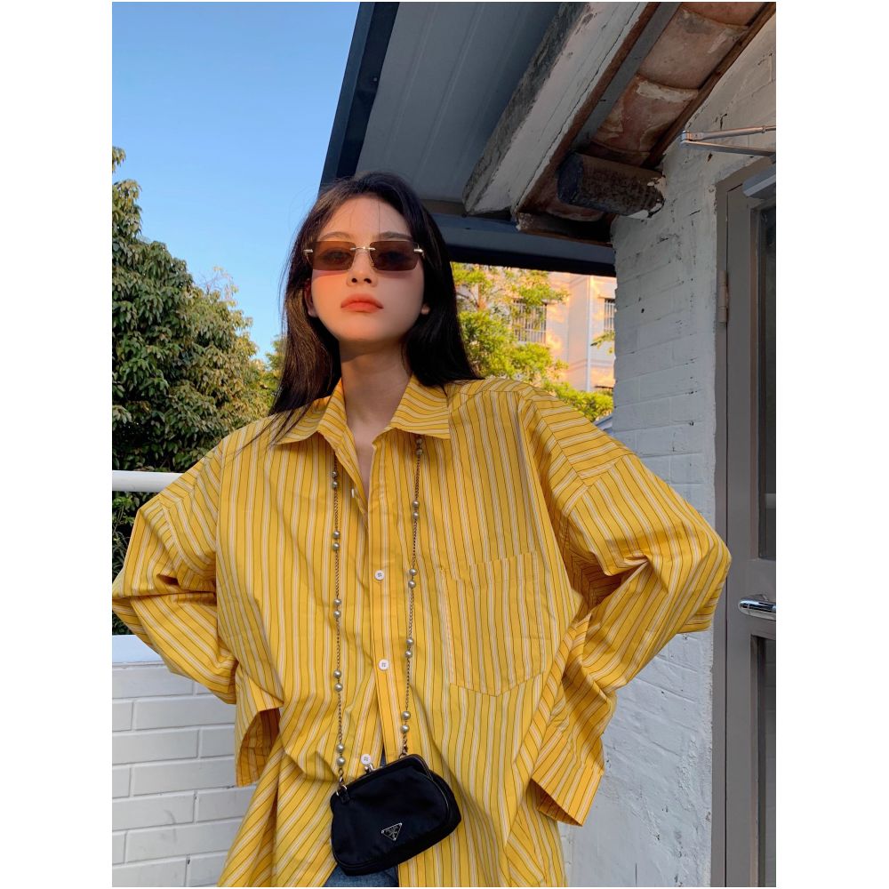 Rouje Damas French style niche design pale yellow striped long sleeved shirt loose fit versatile suitable for commuting image 4