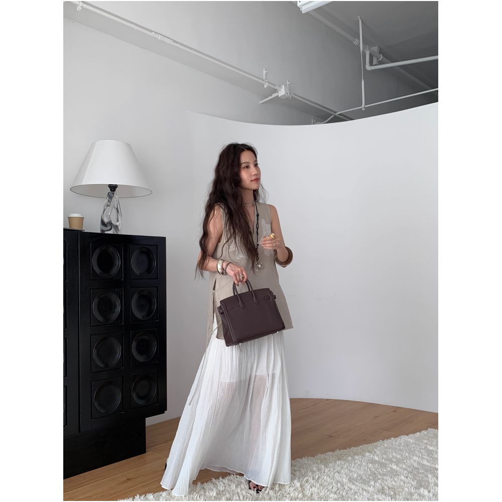 Taupe store linen embroidered beaded appliqu vest romantic and fun high end V neck side slit A line top image 1
