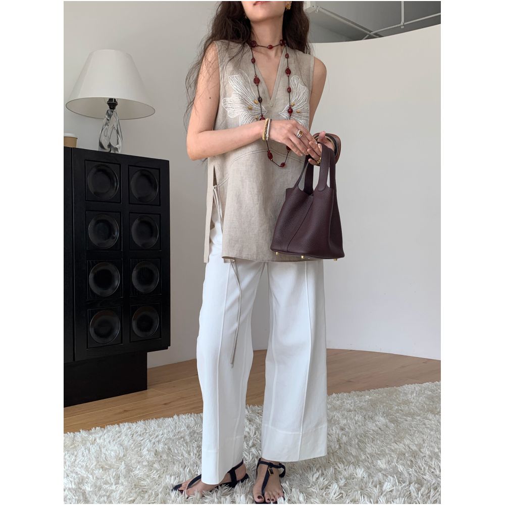 Taupe store linen embroidered beaded appliqu vest romantic and fun high end V neck side slit A line top image 2