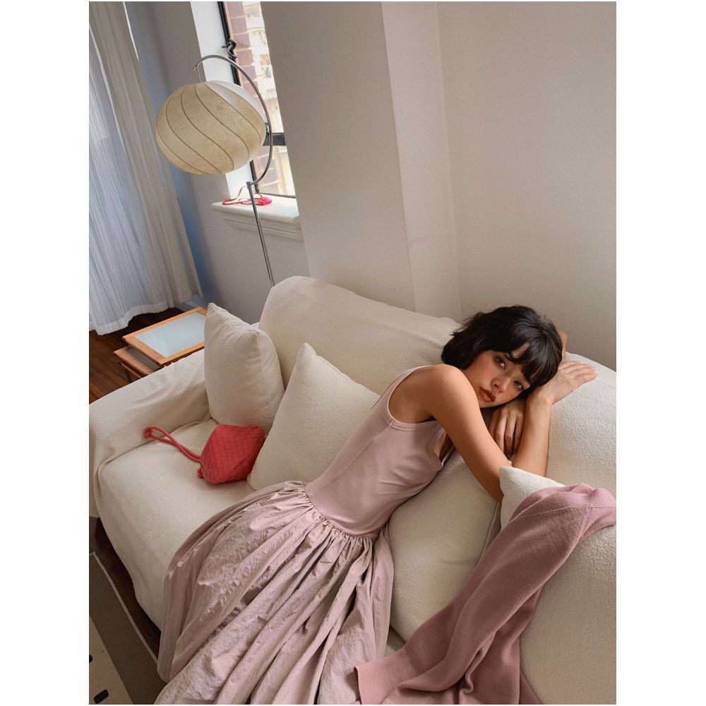 Bettychow looks absolutely ethereal Pink fitted sleeveless mid waisted ballet inspired maxi dress with knit patchwork design image 0