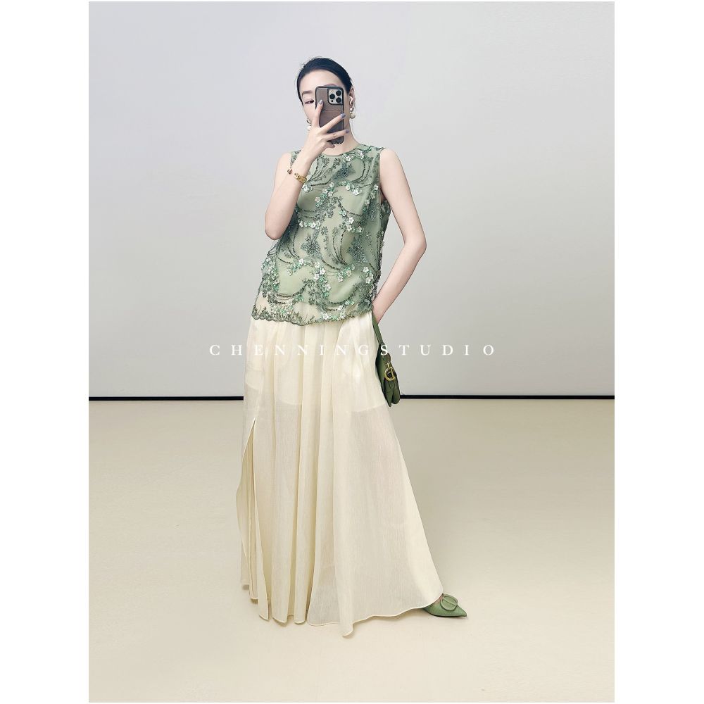 LemonChen s Exclusive Cyan Green Limited Edition Italian Imported Beaded Embroidered 3D Floral Mesh Sleeveless Top image 2