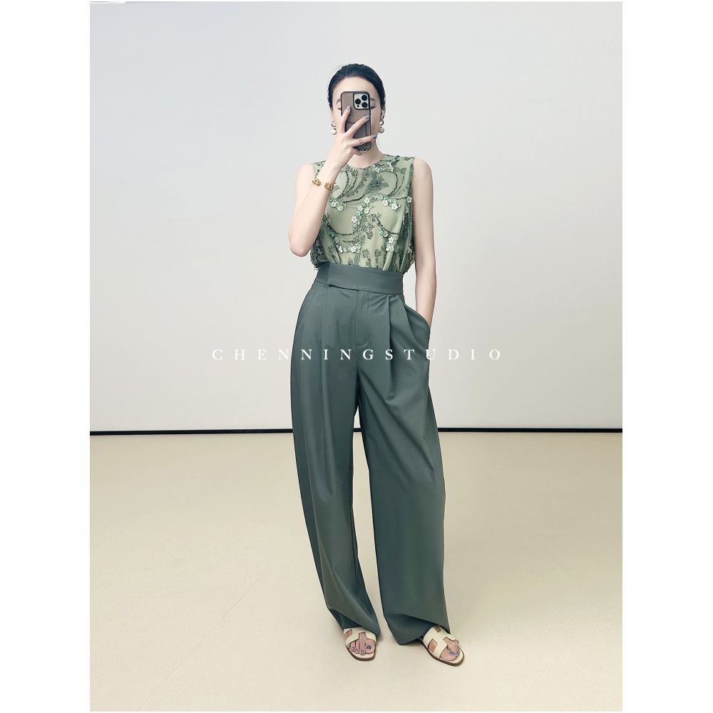 LemonChen s Exclusive Cyan Green Limited Edition Italian Imported Beaded Embroidered 3D Floral Mesh Sleeveless Top image 3