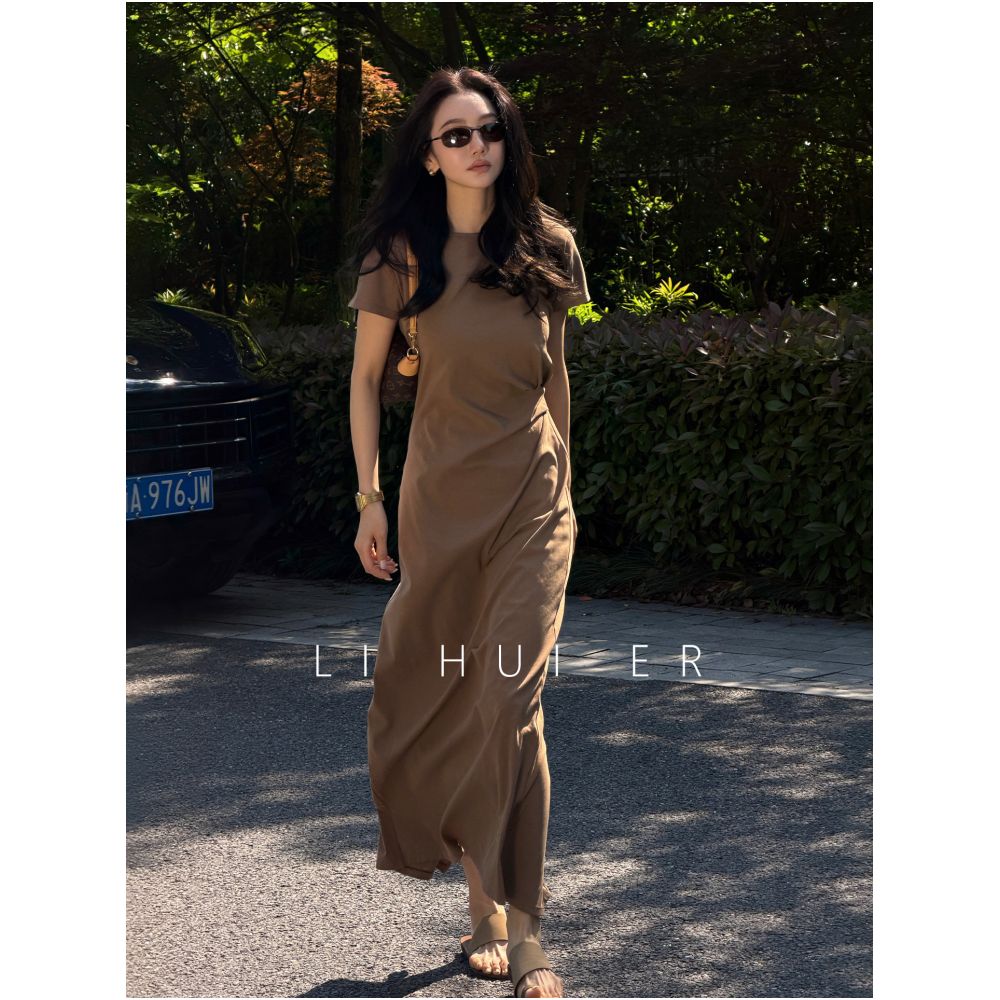 LiHuiEr Cut Fa Lu Xia Ye Brown Round Neck Short Sleeve T Shirt Dress Summer High Waist Slim Fit Knit Dress image 1