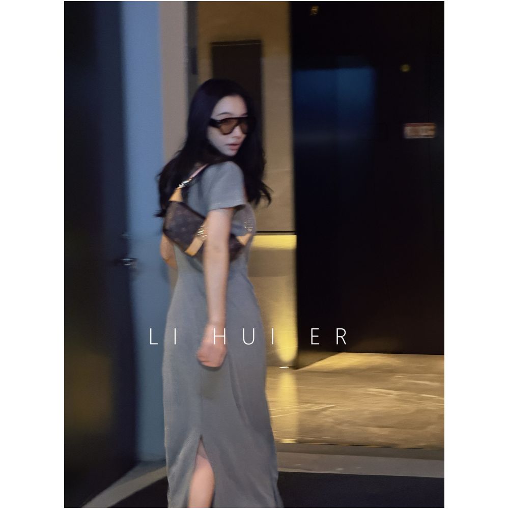 LiHuiEr Cut Fa Lu Xia Ye Brown Round Neck Short Sleeve T Shirt Dress Summer High Waist Slim Fit Knit Dress image 3