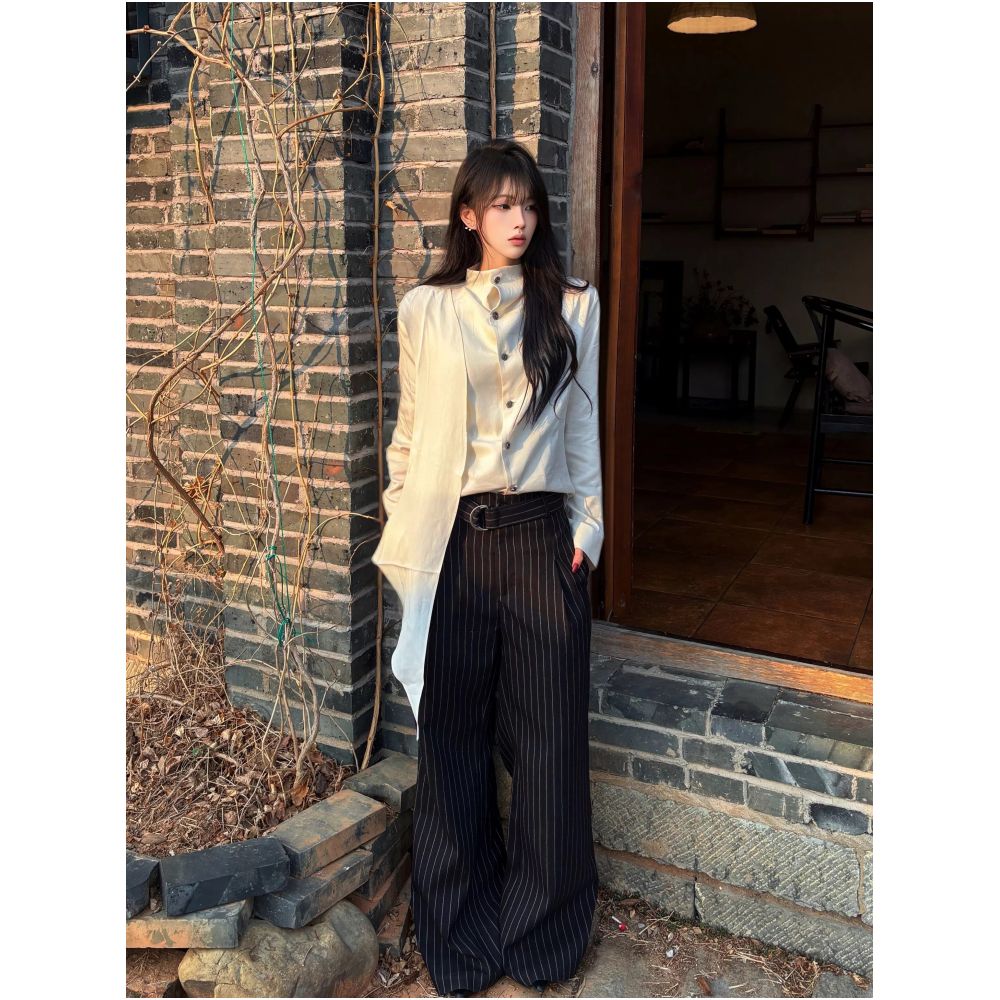 NOW3 High Quality Substitute for Faux Wool Texture Jacquard Single Pleated Straight Striped Trousers with Elastic Waist and Flowy Ribbon Trendy image 1