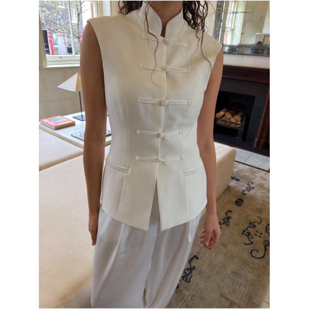 Three dimensional tailoring modern Chinese style old fashioned Hanfu slim fit vest top satin harem pants cool and textured tapered leg trousers image 1