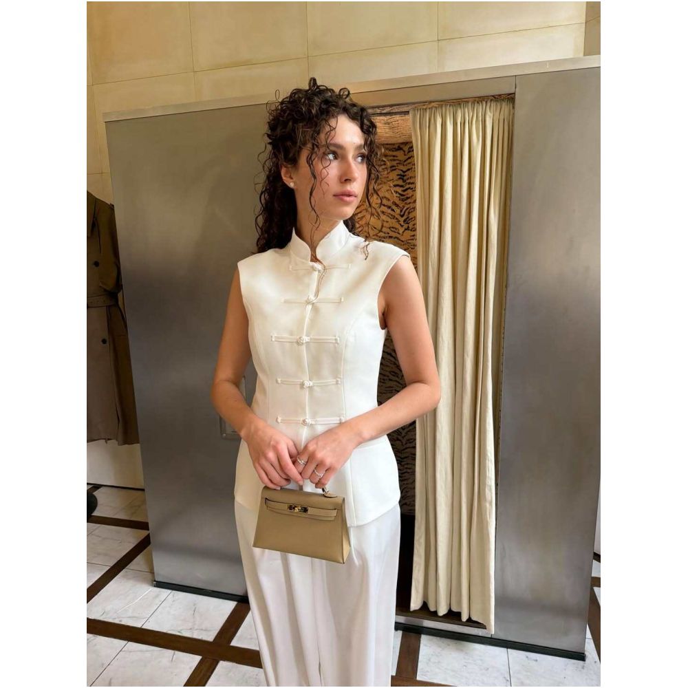 Three dimensional tailoring modern Chinese style old fashioned Hanfu slim fit vest top satin harem pants cool and textured tapered leg trousers image 3