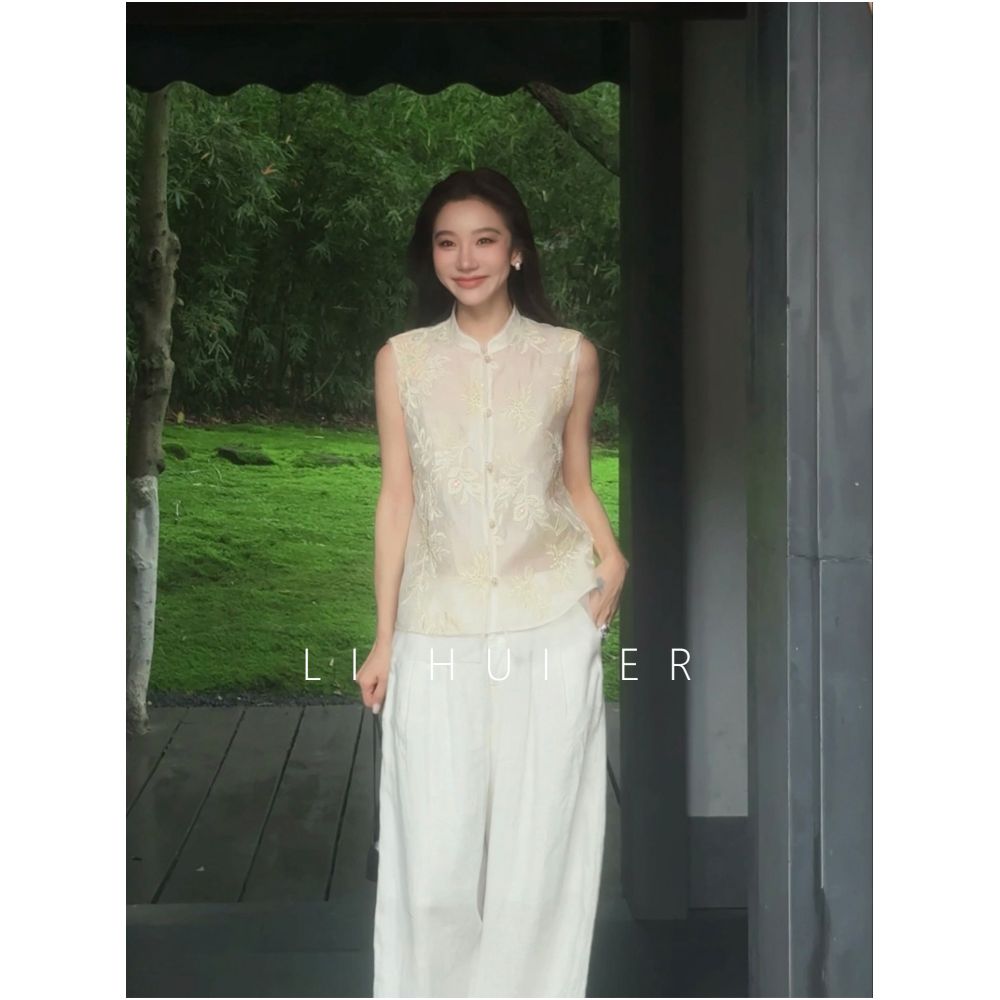 LiHuiEr Tangli Jianxue Summer Beige Stand Collar Embroidered Silk Vest for Women image 3