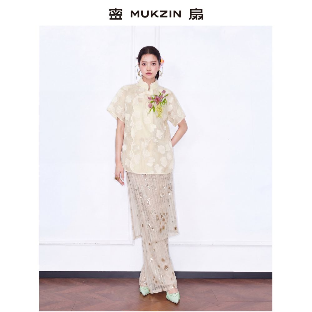 Mishan 2026 Summer New Arrival A Fleeting Half Day New Chinese Style Heavy Embroidery V Neck Elegant Yellow Shirt image 2