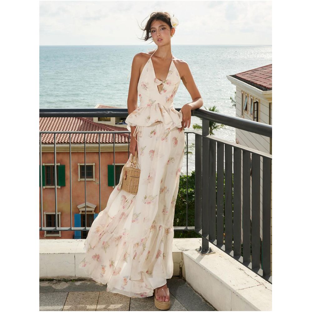 Sisjuly French style fresh and beautiful floral bow hollowed out camisole and ruffled maxi skirt set for women image 0