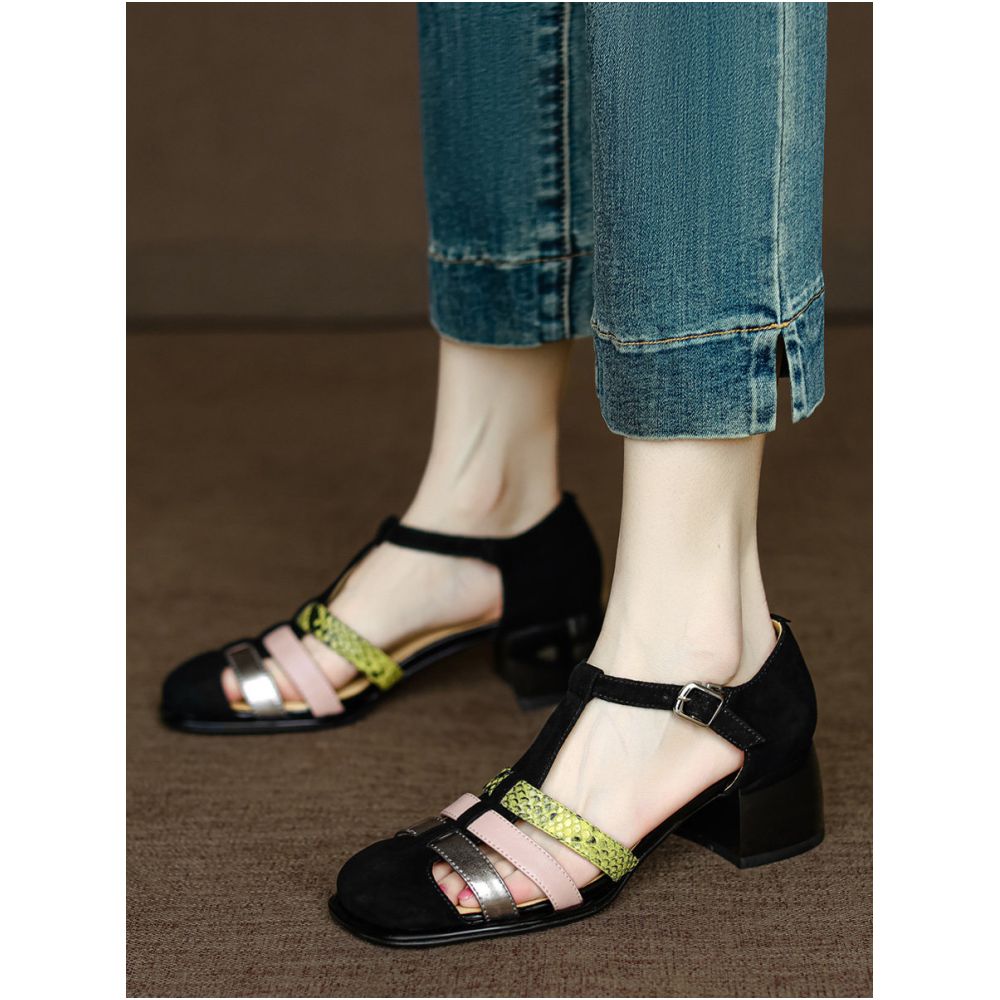 Handmade genuine leather Very fashionable French style closed toe chunky heel sandals for women summer high heels color blocking hollowed out single strap Roman sandals image 3