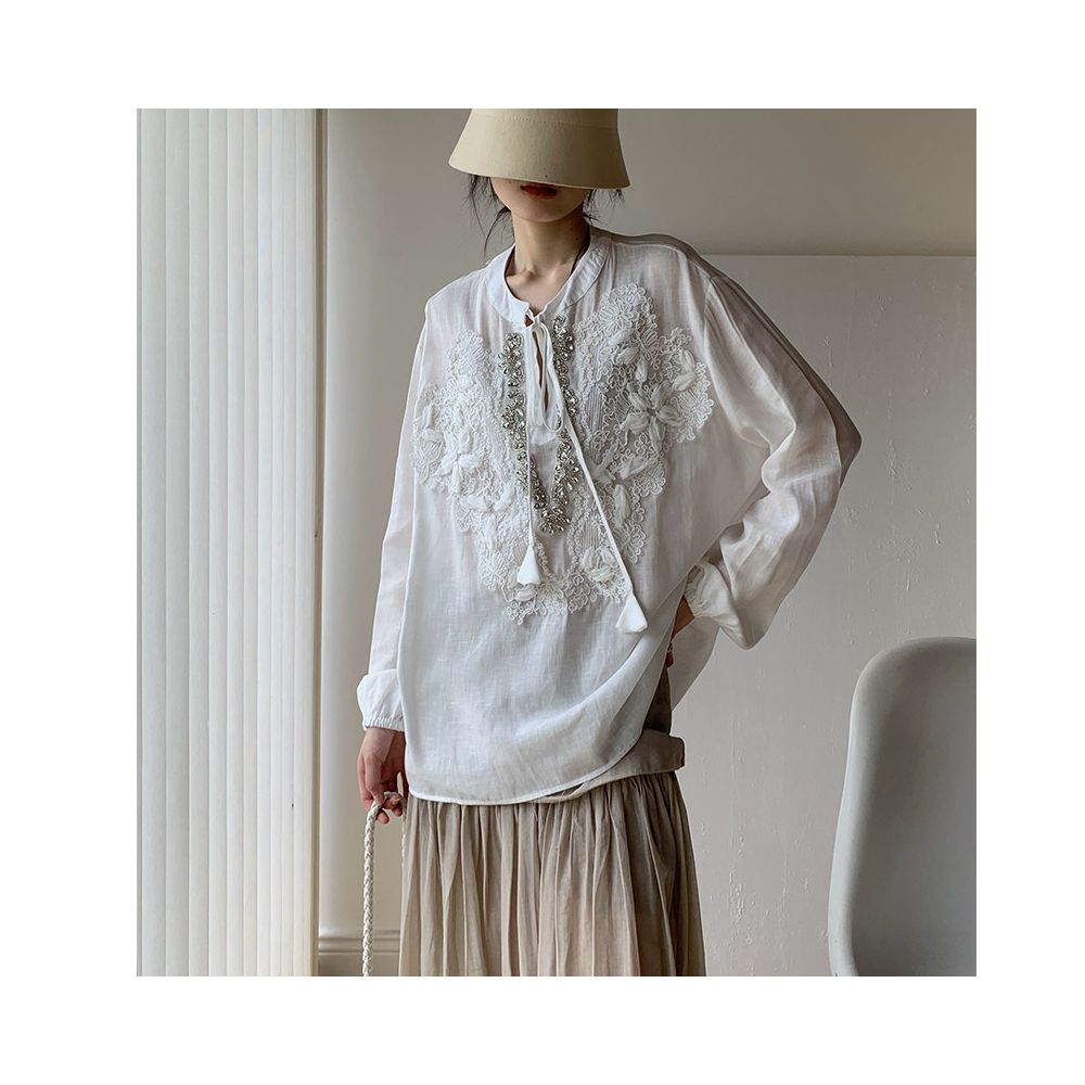 Aowen 2026 Summer New Chinese Style Heavy Embroidery Beaded Light National Style Long Sleeve Sun Protection Top Lightweight Comfortable Elegance image 0
