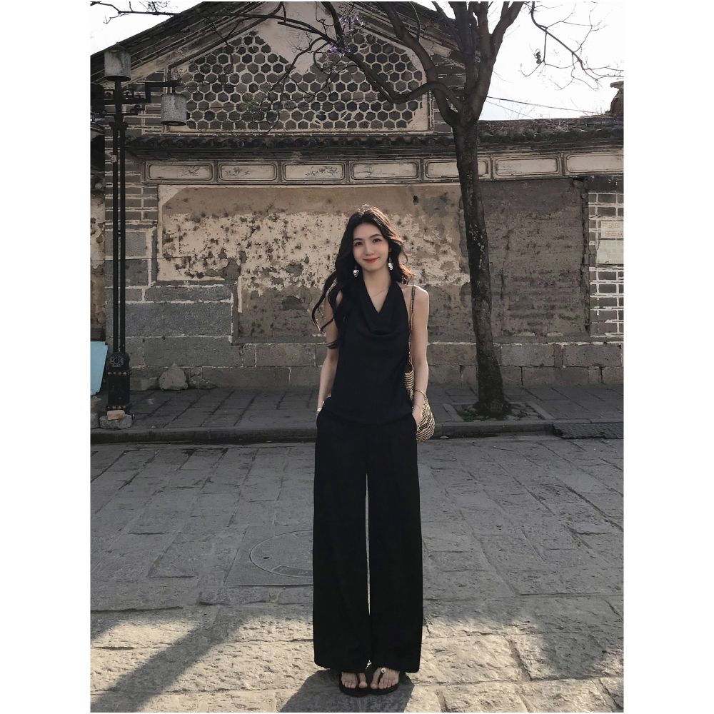MULVAN Urban Goddess Satin Halter Neck Tank Top Two Piece Set Straight Wide Leg Casual Pants for Women image 5