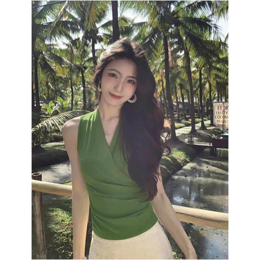 MULVAN Minimalist Style Crossover V Neck Knitted Vest for Women Slim Fit Waist Defining Sleeveless T Shirt Elegant Top image 0
