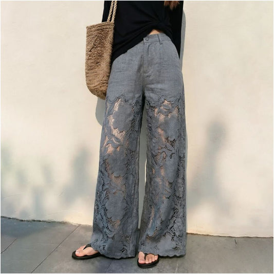 ASAYA6876 – Lace Bloom Palazzo Pants 🌫️🩶✨