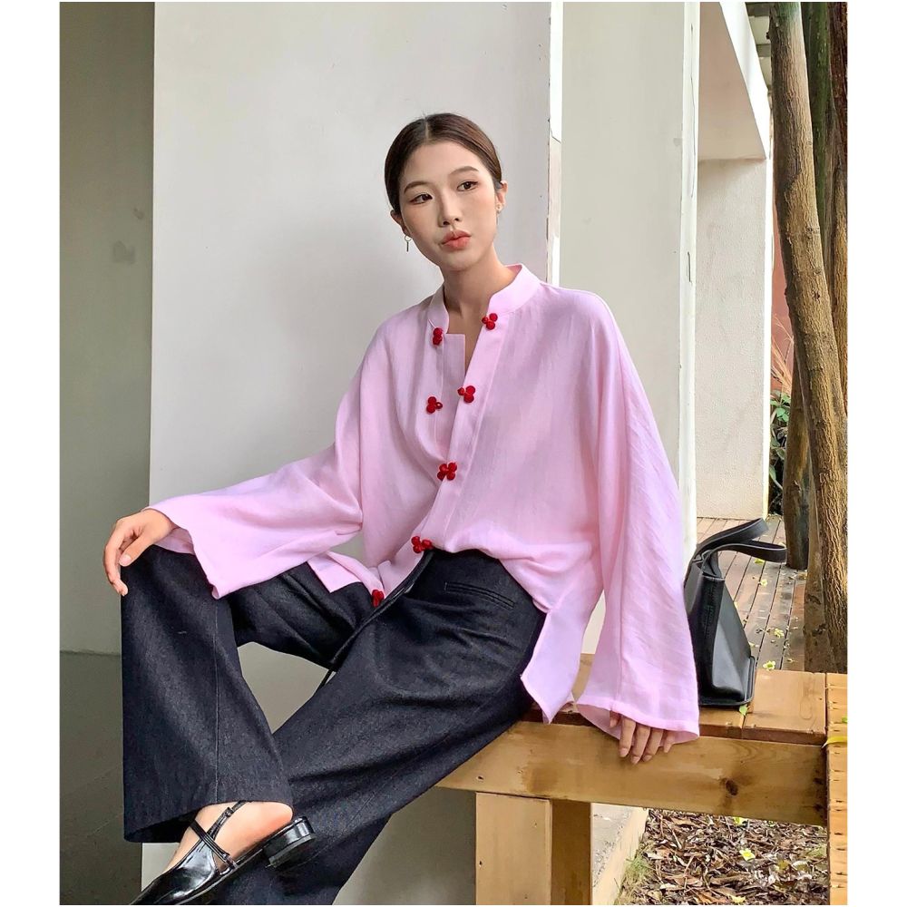 Women s pink traditional Chinese style shirt new spring 2026 style new Chinese temperament complete OOTD outfit loose top image 4