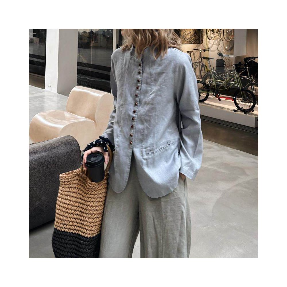 New Spring Summer Women s Modern Chinese Style Super Slimming Retro Old Money Style Plus Size Linen Stand Collar Long Sleeve Shirt Cardigan Coat image 1