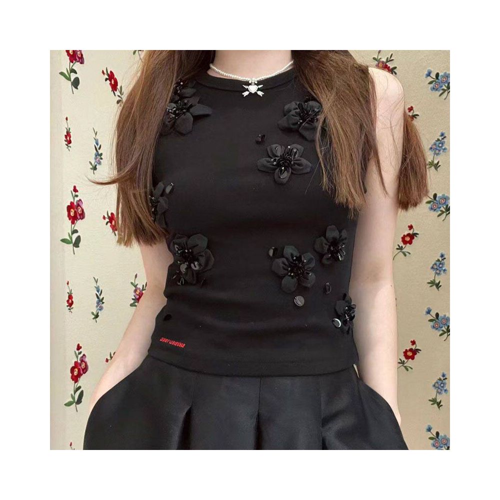 Custom designed SHUSHU Spring embroidered cotton blend vest with sequins beads and flowers sleeveless top image 1