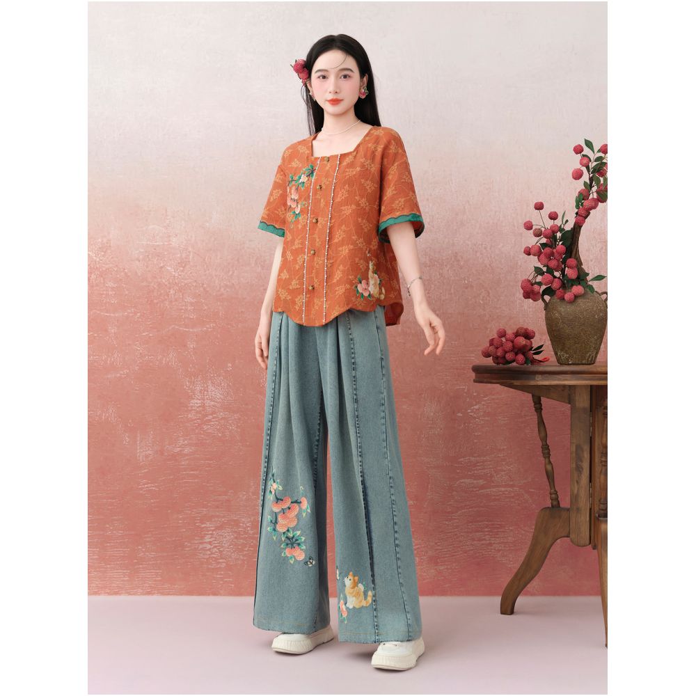 Su Luo s original Lychee and Cat Dewy Glow Summer Chinese Style Embroidered Loose Lightweight Denim Pants for Women image 1
