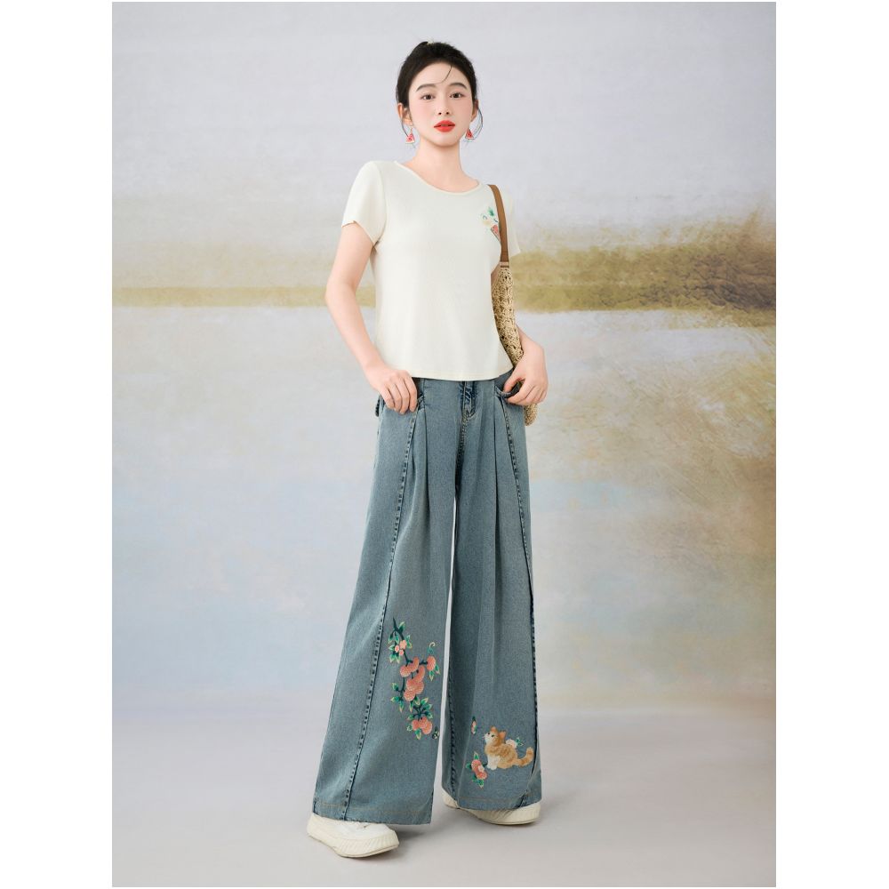 Su Luo s original Lychee and Cat Dewy Glow Summer Chinese Style Embroidered Loose Lightweight Denim Pants for Women image 3