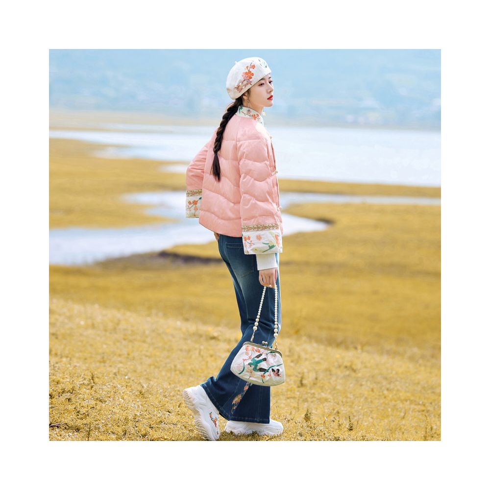 Floral Design Moonlit Flower Shadows Peach and Bamboo Lyrics Original Chinese Style Embroidered Jeans for Women New Chinese Style Fleece Lined Flared Pants image 4