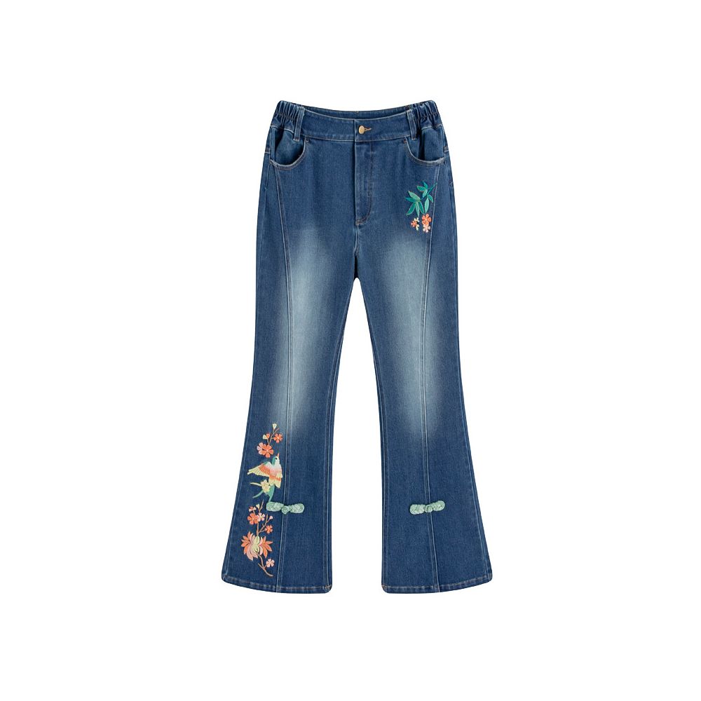 Floral Design Moonlit Flower Shadows Peach and Bamboo Lyrics Original Chinese Style Embroidered Jeans for Women New Chinese Style Fleece Lined Flared Pants image 5