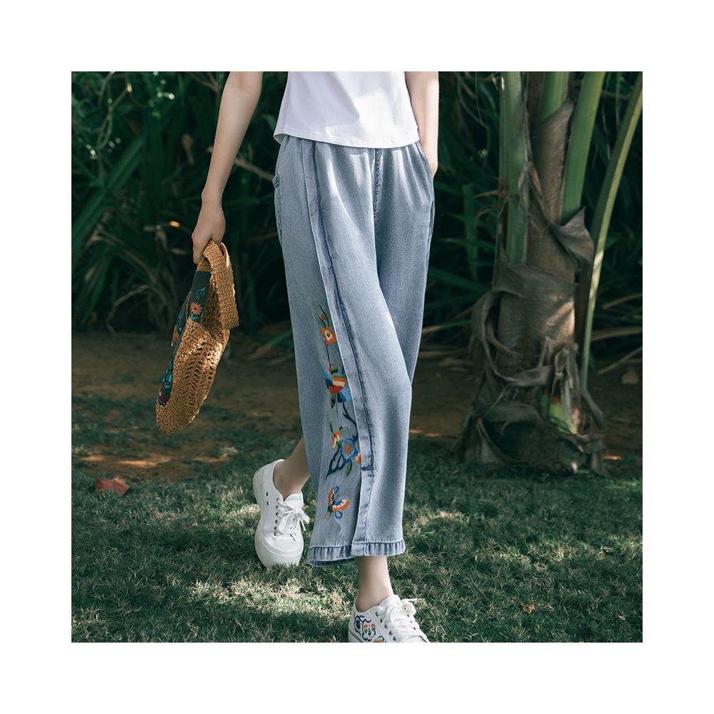 Su Luo s original SOLO Smoky Bird s Nest Summer Slimming Chinese Trend Embroidered Thin Denim Wide Leg Pants image 2