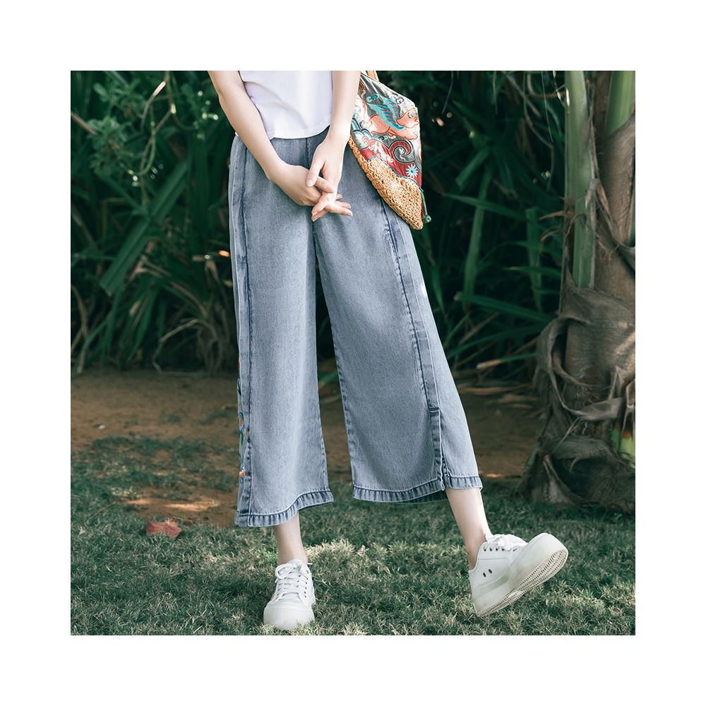 Su Luo s original SOLO Smoky Bird s Nest Summer Slimming Chinese Trend Embroidered Thin Denim Wide Leg Pants image 4