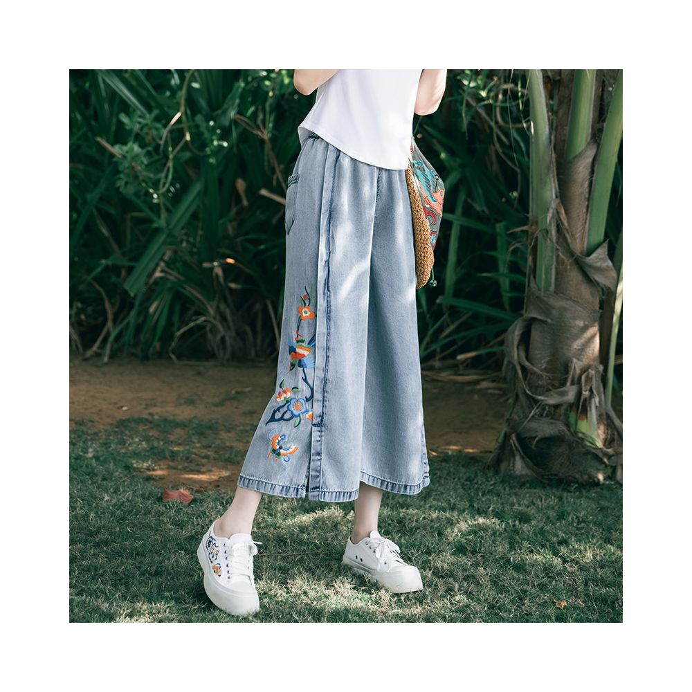 Su Luo s original SOLO Smoky Bird s Nest Summer Slimming Chinese Trend Embroidered Thin Denim Wide Leg Pants image 0