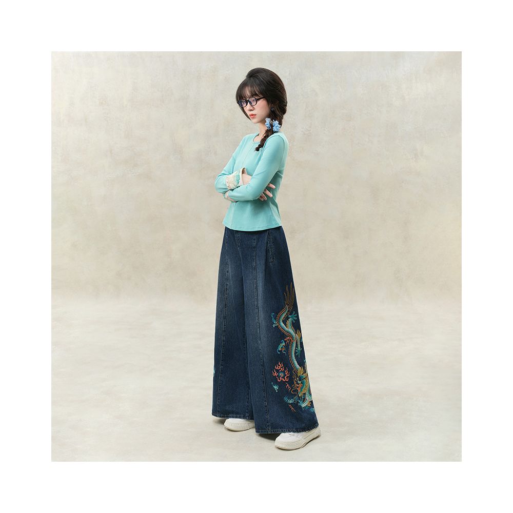 Su Luo s original Spring Dragon New China Chic wide leg trousers heavy industry embroidery loose jeans image 1