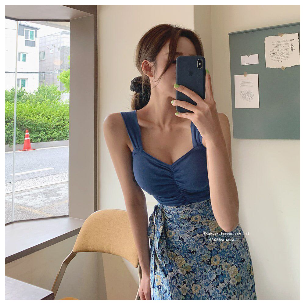 In stock SANSAN Korea official website import elegant two piece set ruched camisole floral print one piece skirt image 3