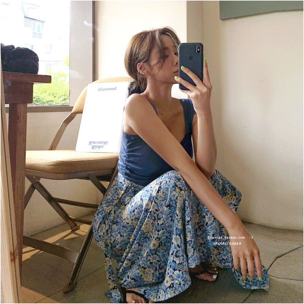 In stock SANSAN Korea official website import elegant two piece set ruched camisole floral print one piece skirt image 4