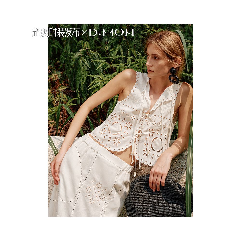 Super Fashion Show DMON Southern France Resort Beaded Hollow Out Embroidered Vest High Waisted A Line Skirt Set image 1