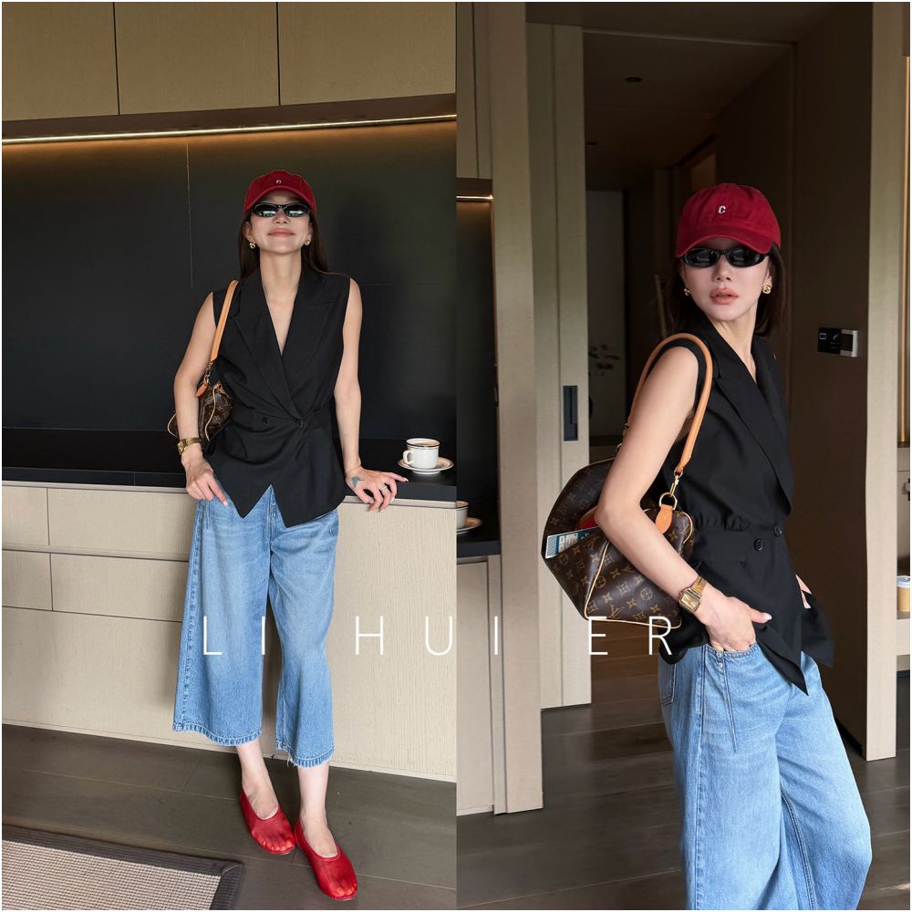 LiHuiEr Li Huier Nightfall Vina Summer Dark Acetate V Neck Outerwear Commuter Vest Top Women s image 1