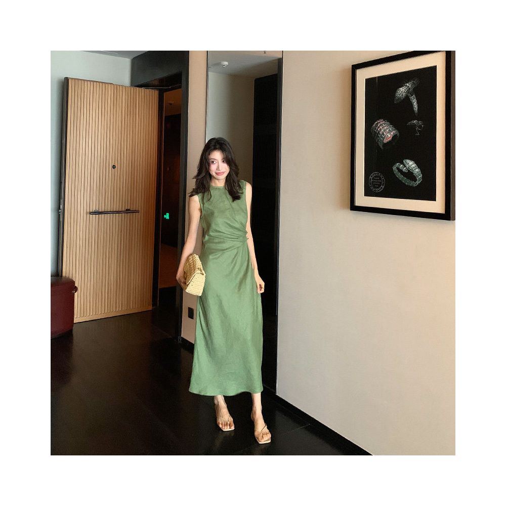 Long Xier Summer French Style Slimming Waist Tie Waist Sleeveless Dress High Waist Pleated Design Long Skirt T484 image 2