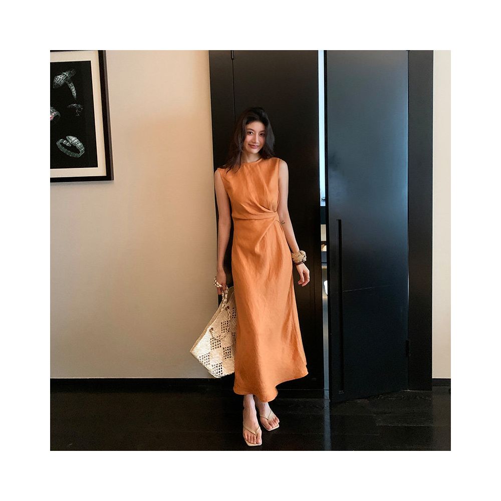 Long Xier Summer French Style Slimming Waist Tie Waist Sleeveless Dress High Waist Pleated Design Long Skirt T484 image 3