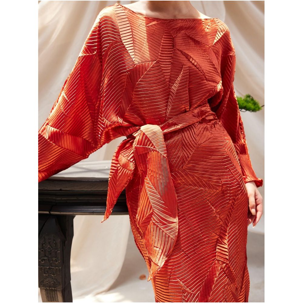 TAORAN Women s Round Neck Orange Red Long Sleeved Dress New Spring Style Tie Waist Faux Two Piece Long Dress Vacation Dress image 0