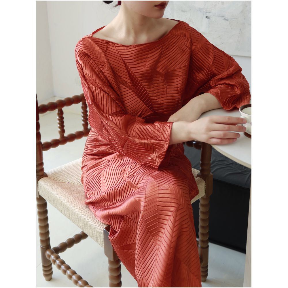 TAORAN Women s Round Neck Orange Red Long Sleeved Dress New Spring Style Tie Waist Faux Two Piece Long Dress Vacation Dress image 3